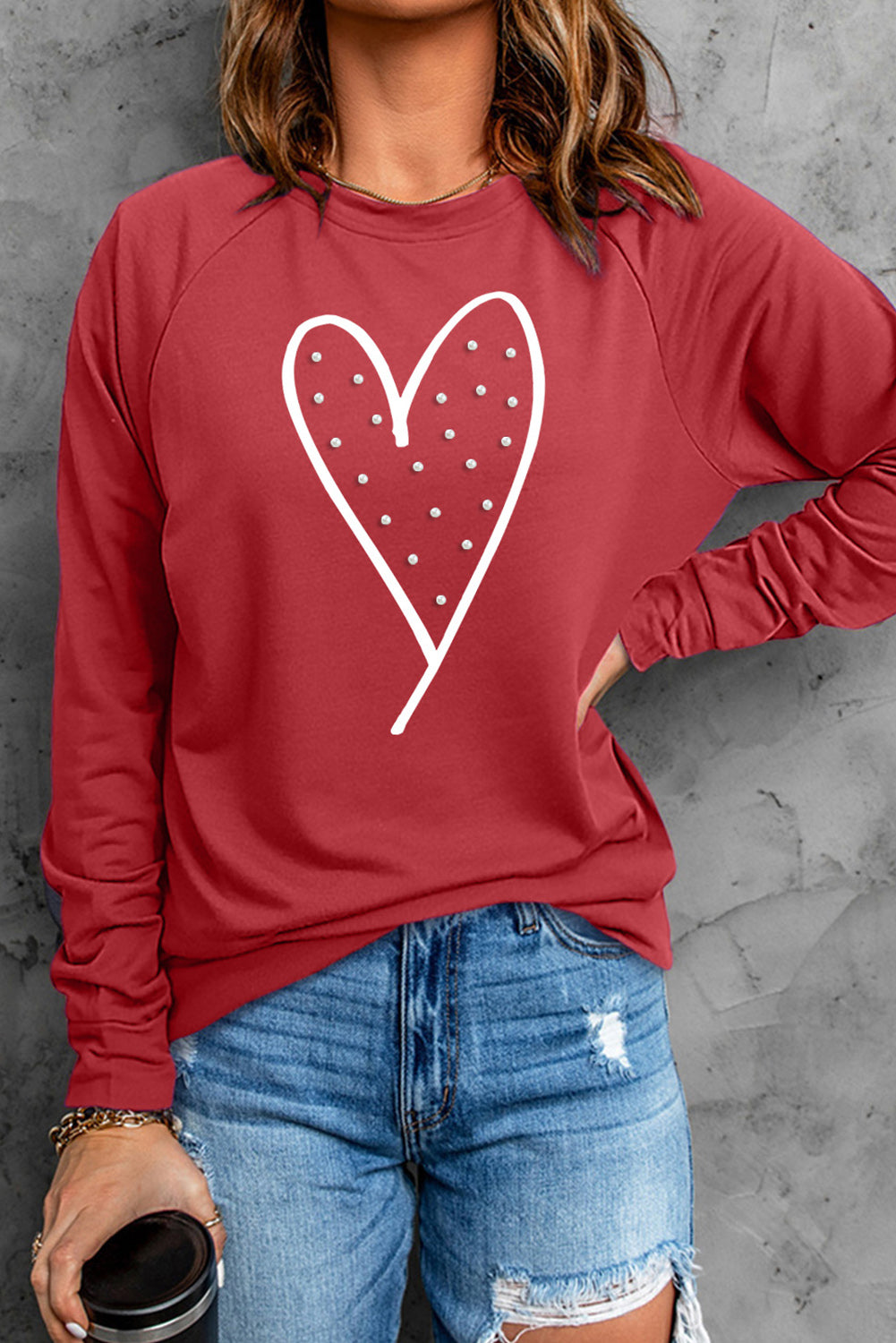 Heart Pearl Detail Round Neck Sweatshirt-Jewearrings