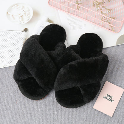 Faux Fur Crisscross Strap Slippers-Jewearrings