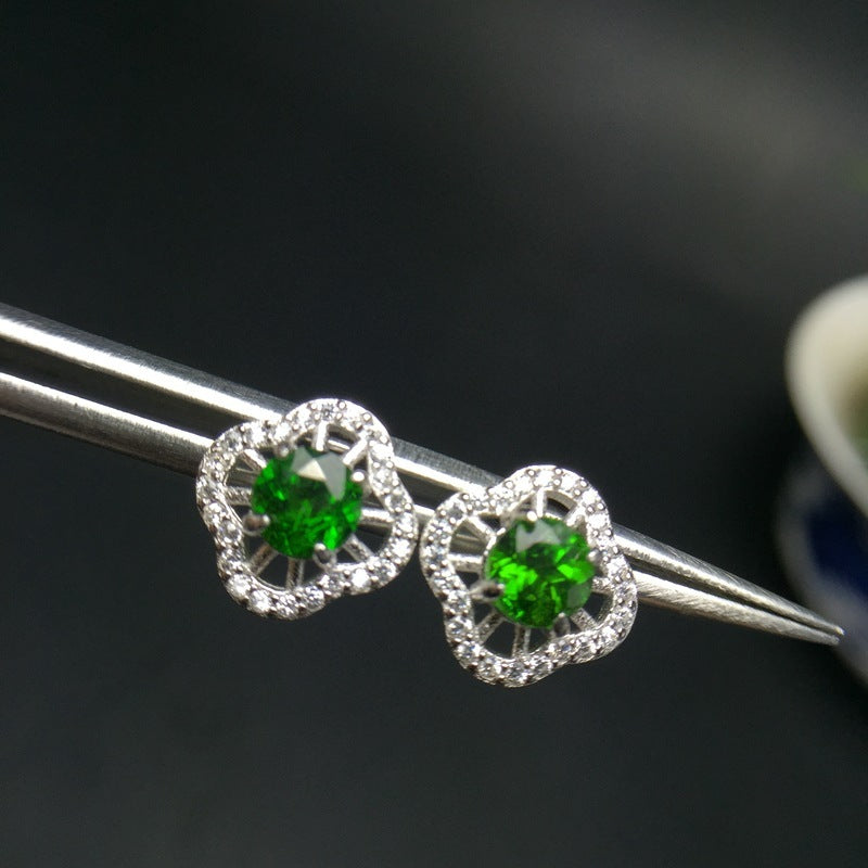 925 Silver Inlaid Diopside Emerald Stud Earrings-Jewearrings