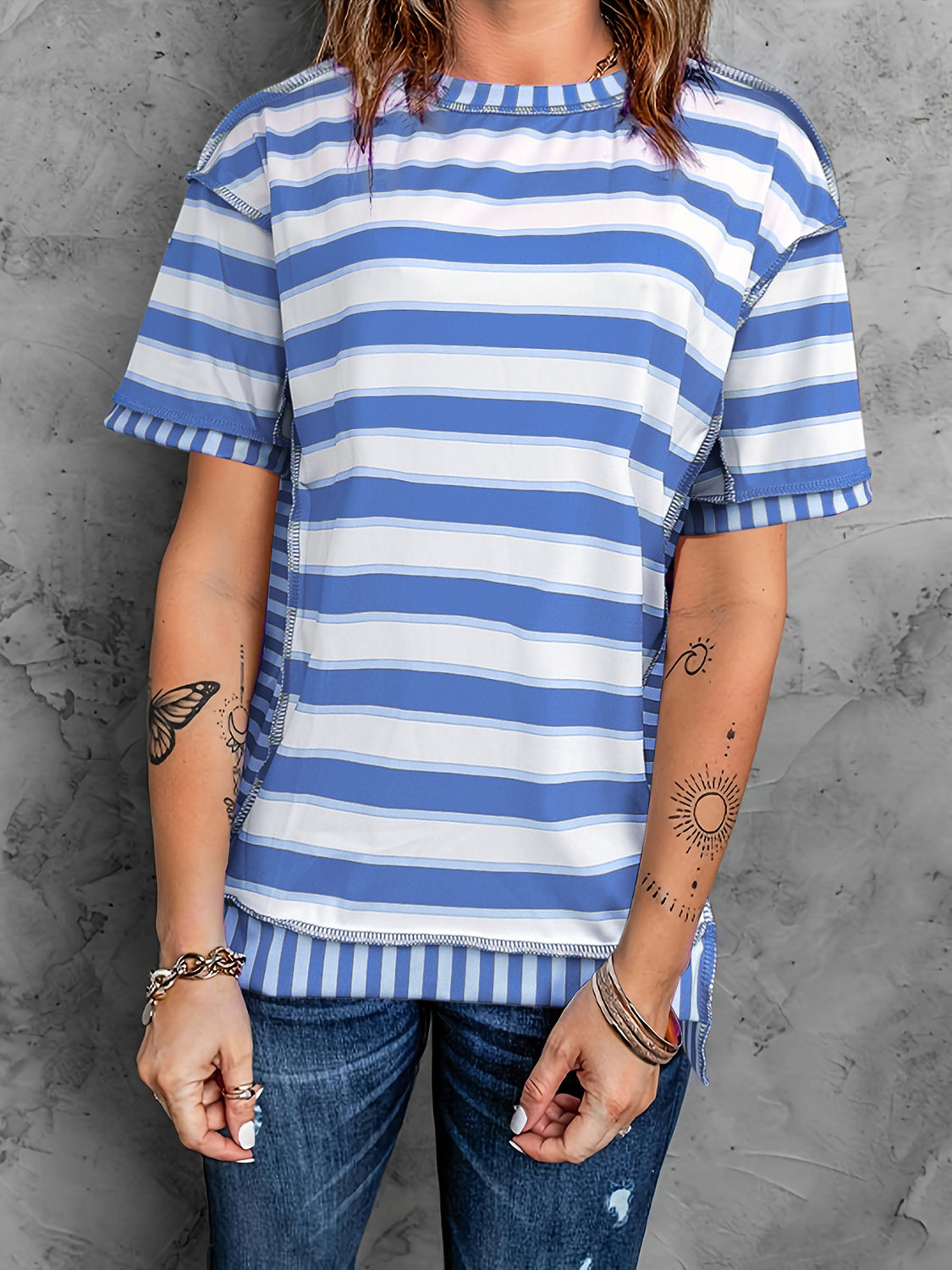 Full Size Contrast Stitching Striped Round Neck T-Shirt-Jewearrings