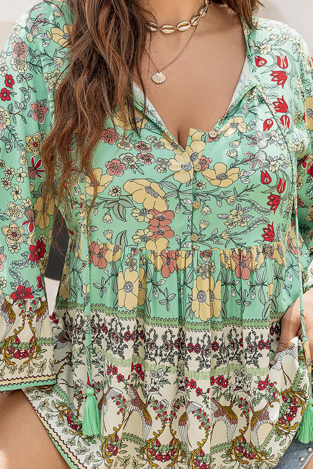 Plus Size Floral Tassel Tie Blouse-Jewearrings