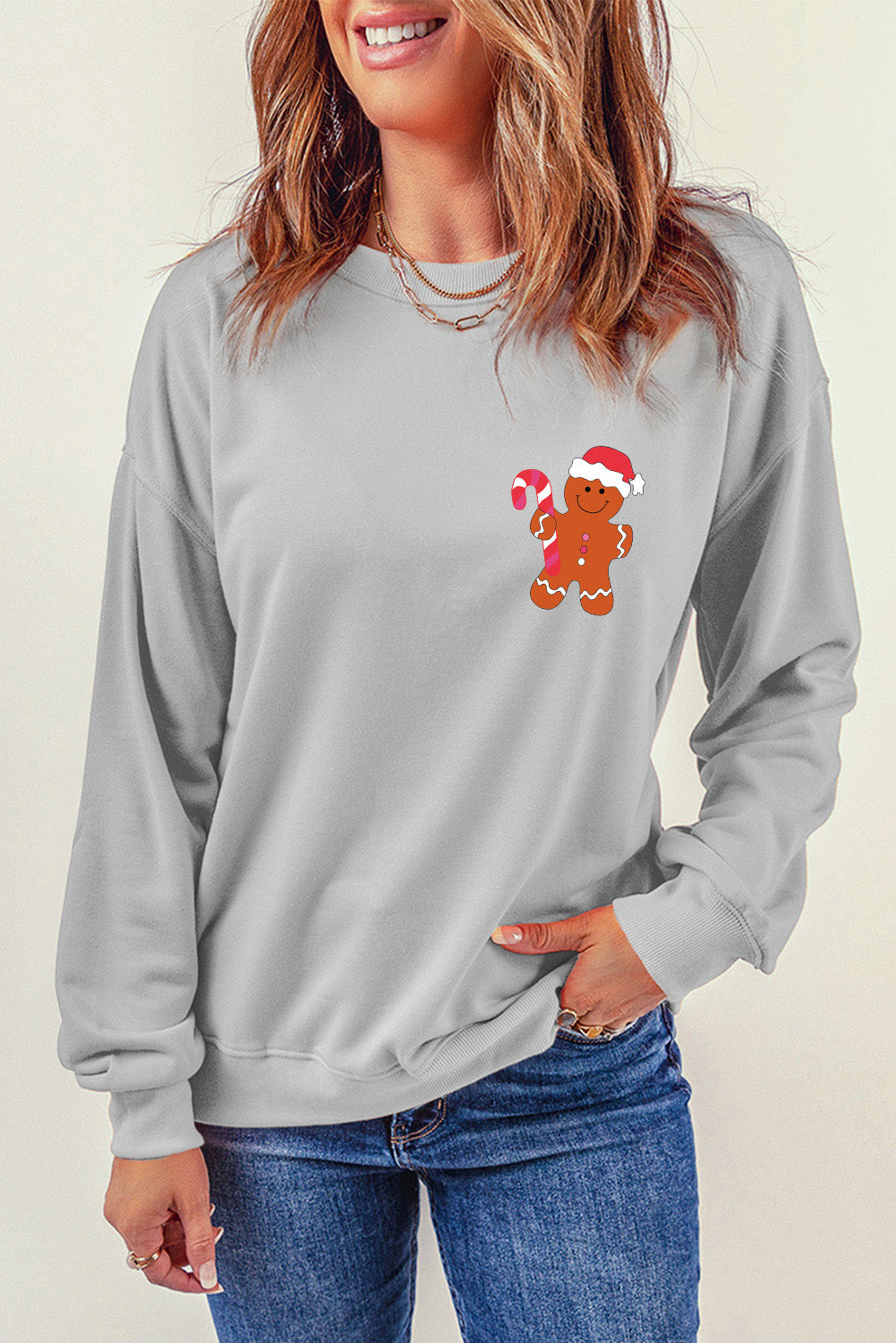 Gingerbread Round Neck Dropped Shoulder Sweatshirt-Jewearrings