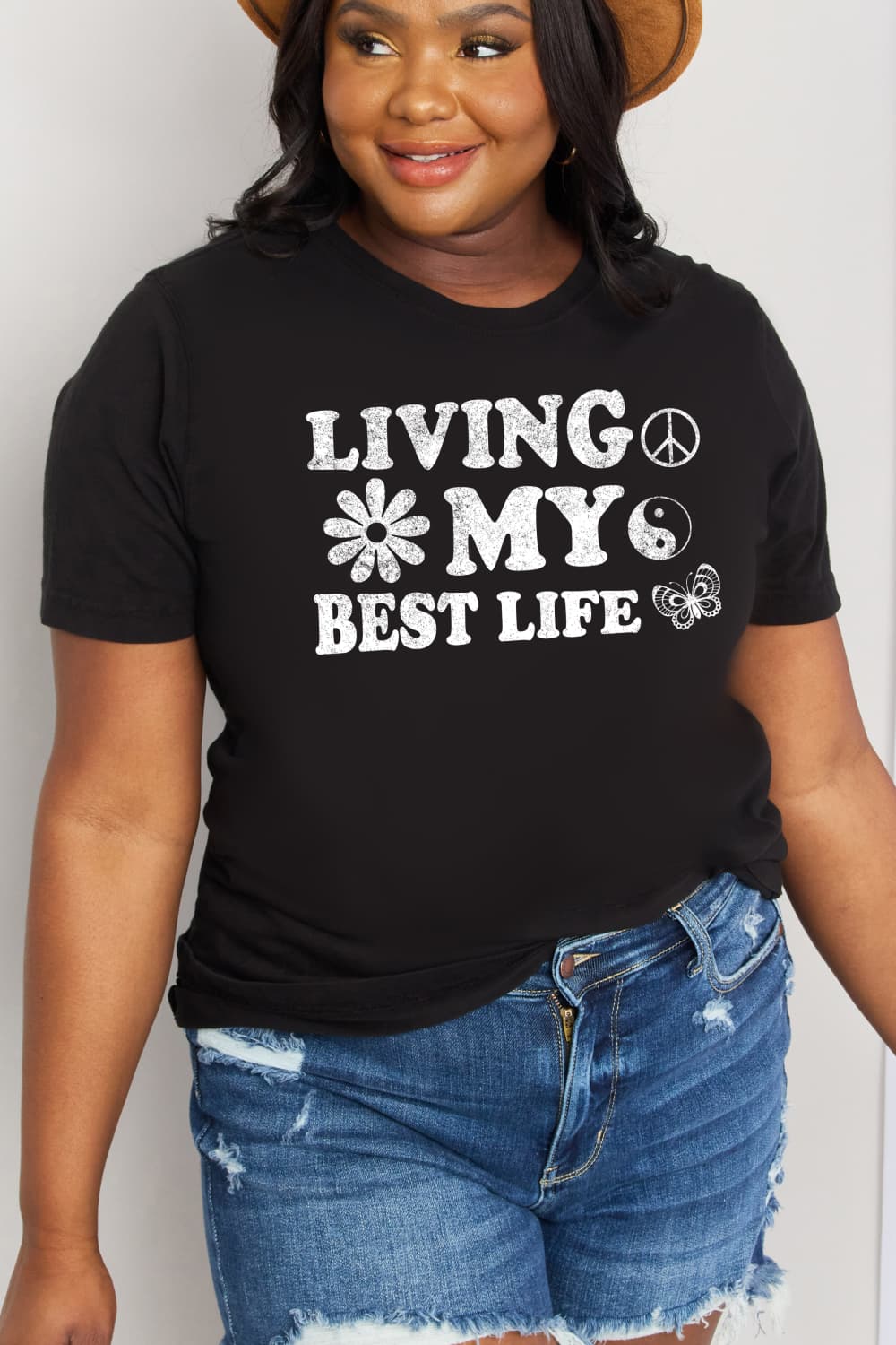 Simply Love Full Size LIVING MY BEST LIFE Graphic Cotton Tee-Jewearrings