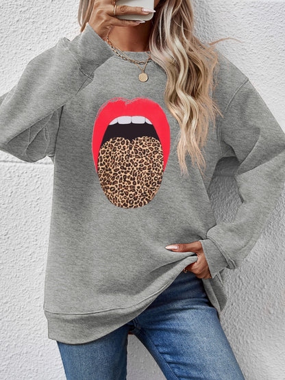 Leopard Lip Graphic Round Neck Sweatshirt-Jewearrings