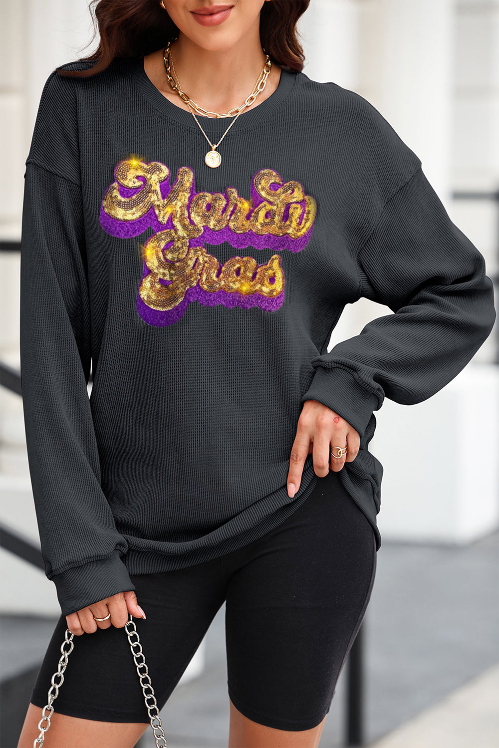 Sequin Mardi Gras Embroidered Round Neck Sweatshirt-Jewearrings