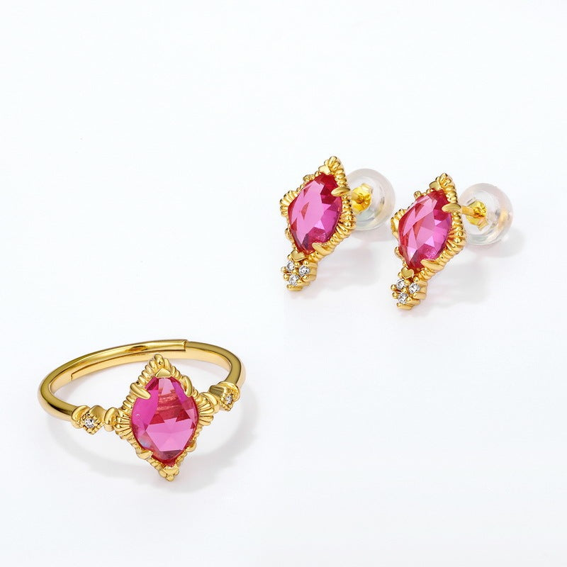 Synthetic Ruby Stud Female 925 Silver 9K Gold Plated Geometric Retro Earrings-Jewearrings