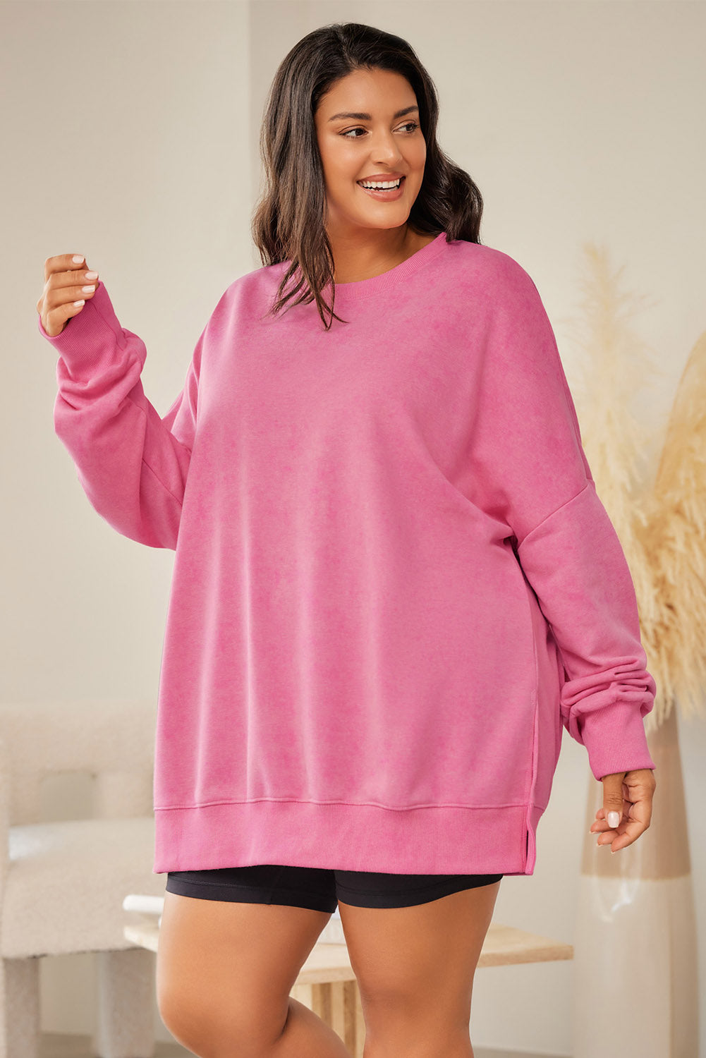 Plus Size Round Neck Drop Shoulder Slit Sweatshirt-Jewearrings