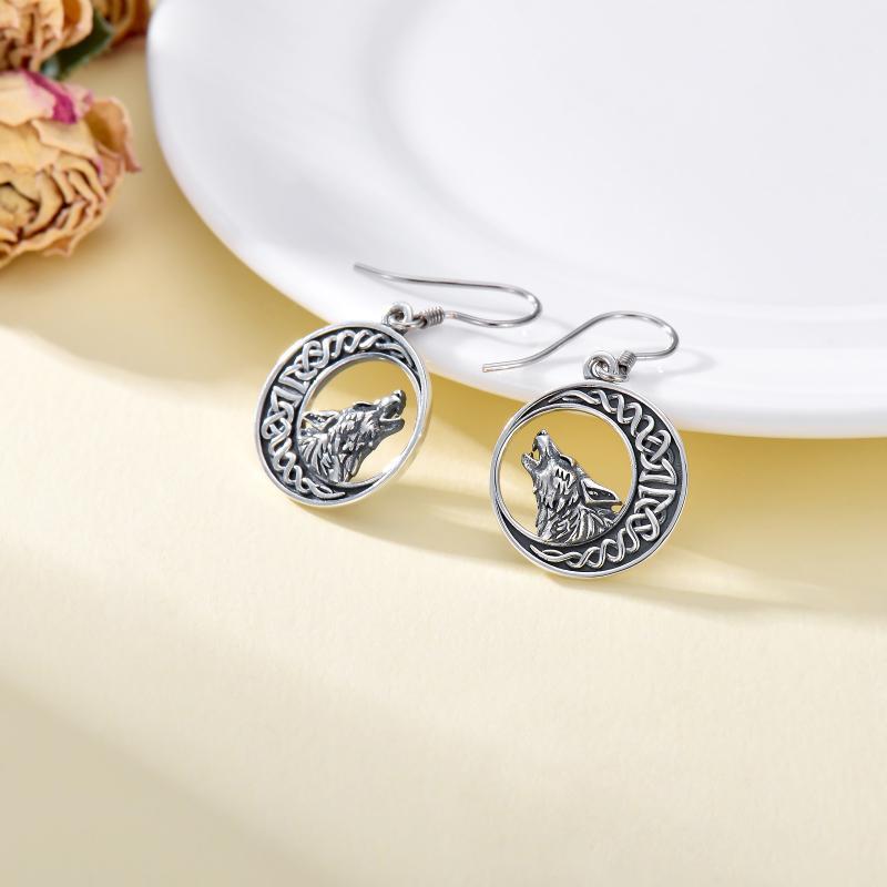 Wolf Celtic Moon Dangle Drop Earrings in Sterling Silver-Jewearrings