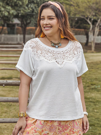 Plus Size Lace Detail Round Neck Short Sleeve Top-Jewearrings