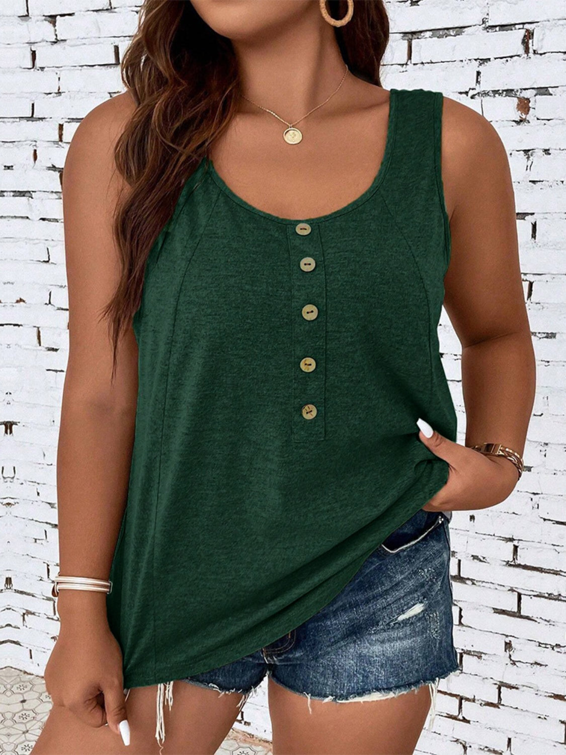 Plus Size Decorative Button Round Neck Tank-Jewearrings