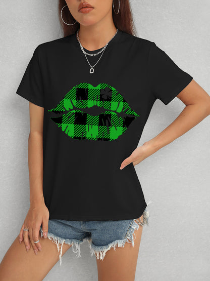 Plaid Lip Graphic Round Neck T-Shirt-Jewearrings