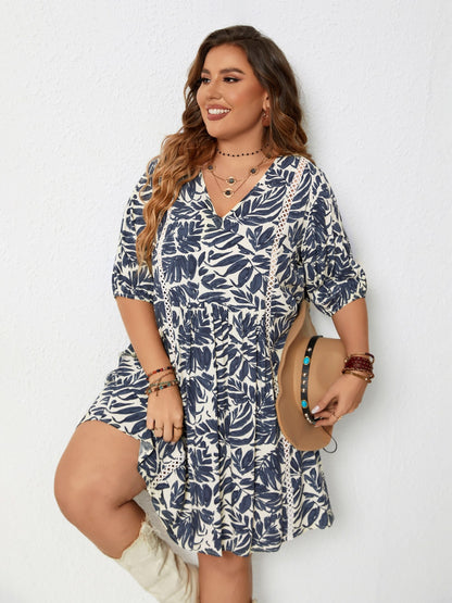 Plus Size Printed V-Neck Half Sleeve Mini Dress-Jewearrings