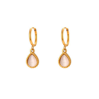 European And American Ins Fashion Minimalistic Water Drops Opal Earrings Stainless Steel Plated Necklace-Jewearrings