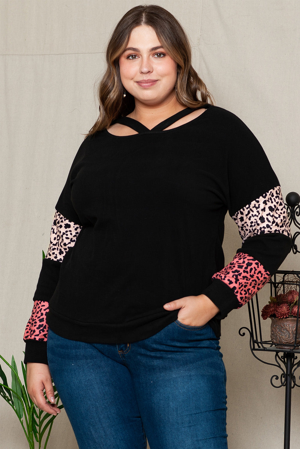 Plus Size Leopard Dropped Shoulder Long Sleeve T-Shirt-Jewearrings