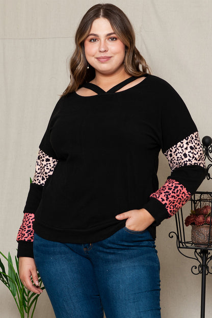 Plus Size Leopard Dropped Shoulder Long Sleeve T-Shirt-Jewearrings