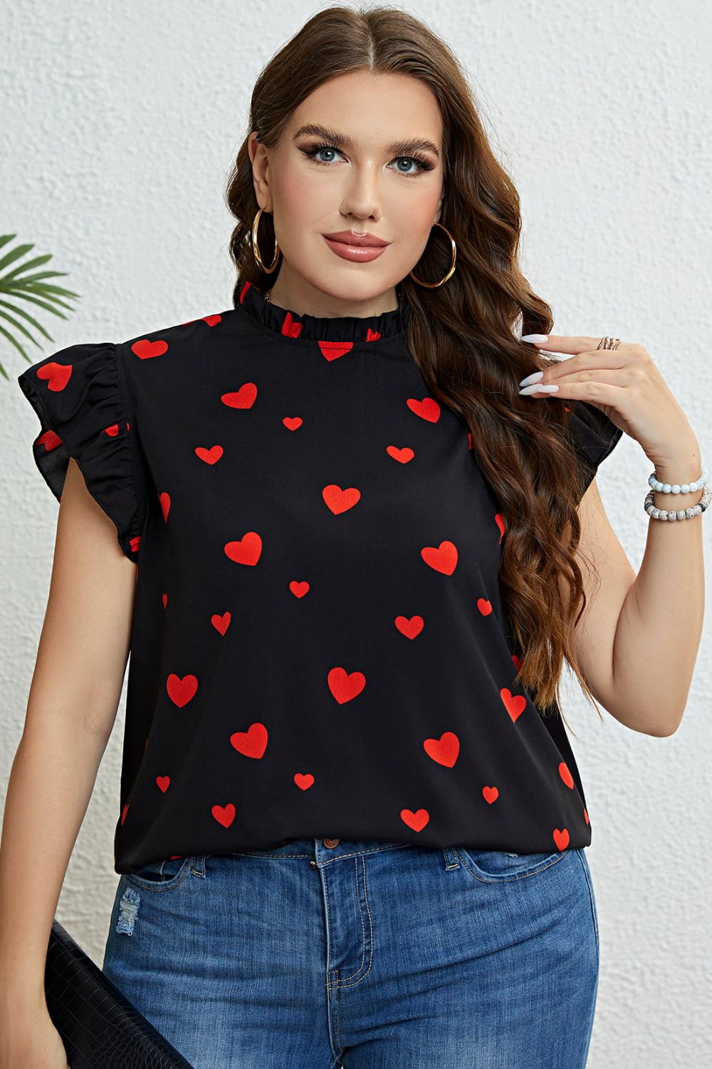 Plus Size Heart Print Butterfly Sleeve Mock Neck Top-Jewearrings