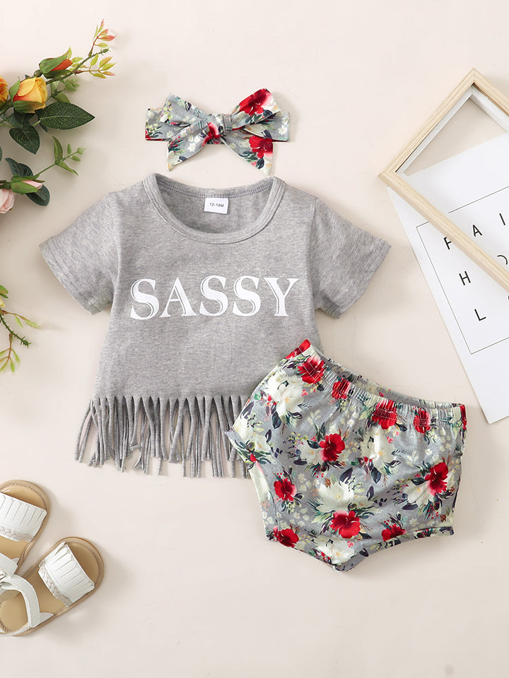 Fringe Detail SASSY Graphic T-Shirt and Floral Print Shorts Set-Jewearrings