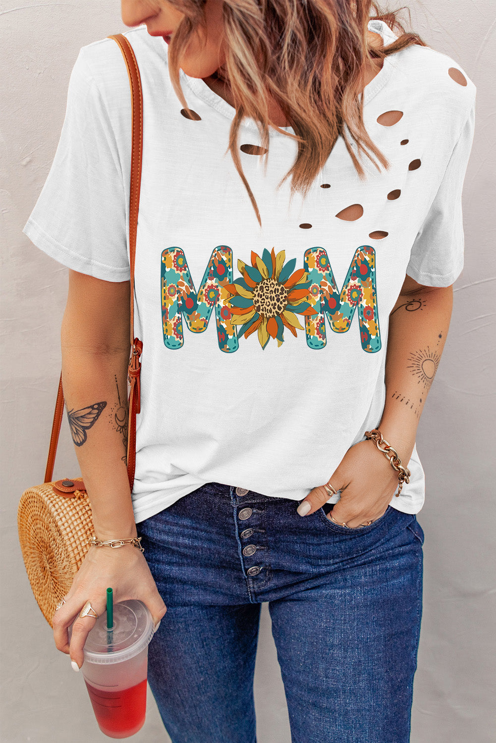 Letter Sunflower Graphic Distressed Tee-Jewearrings