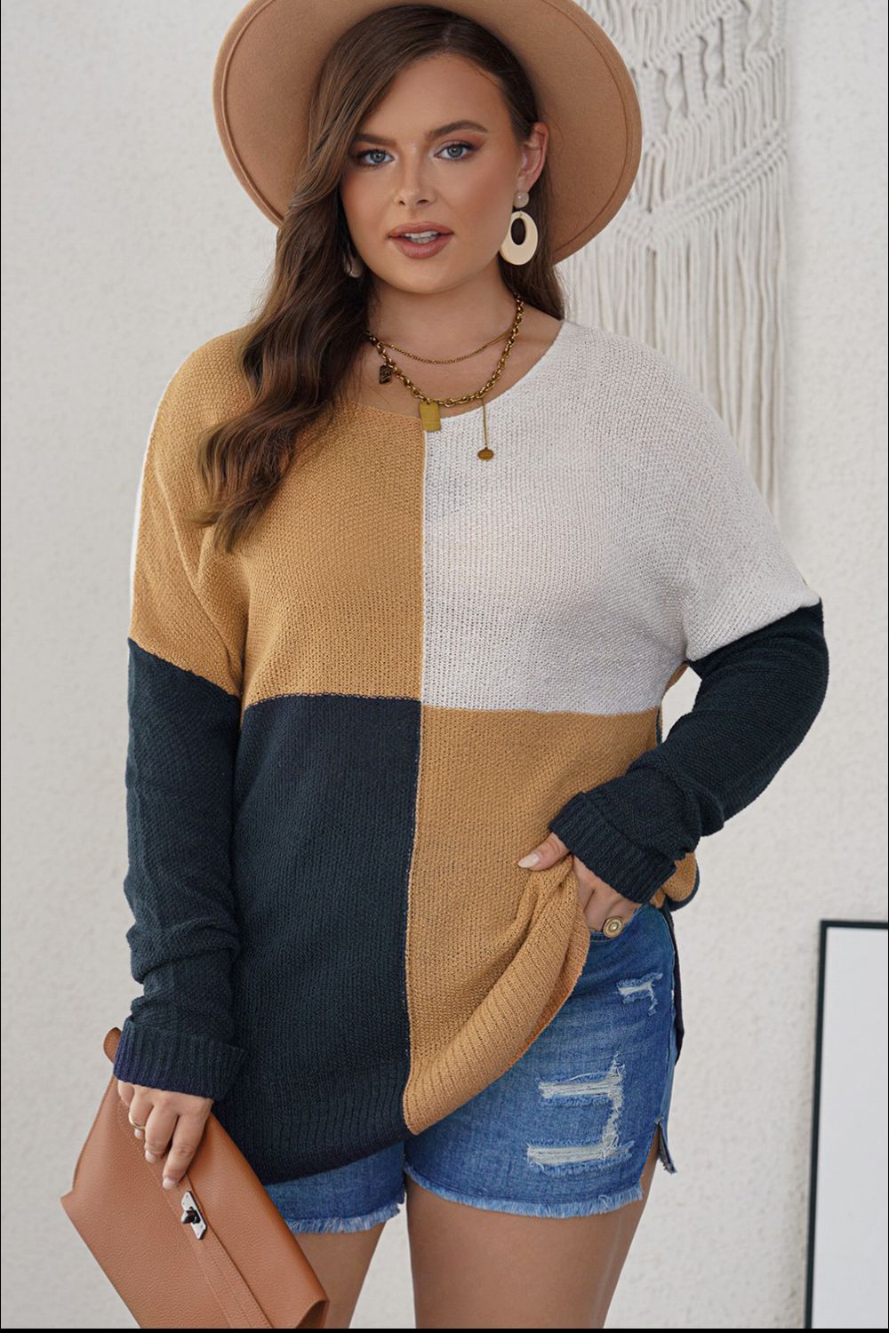 Plus Size Color Block Round Neck Sweater-Jewearrings