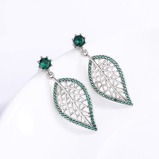 S925 Sterling Silver Jewelry Leaf Stud Earrings With Green Diamonds-Jewearrings