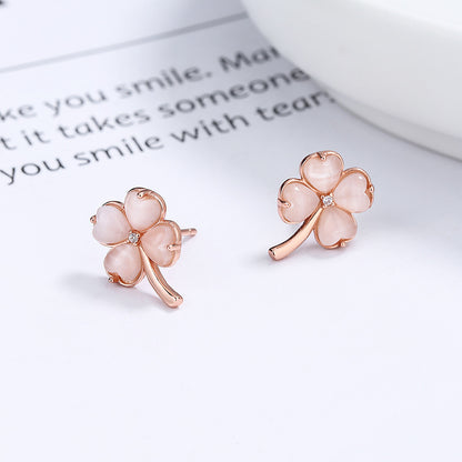 Simple 925 Sterling Silver Lucky Four-leaf Clover Stud Earrings-Jewearrings