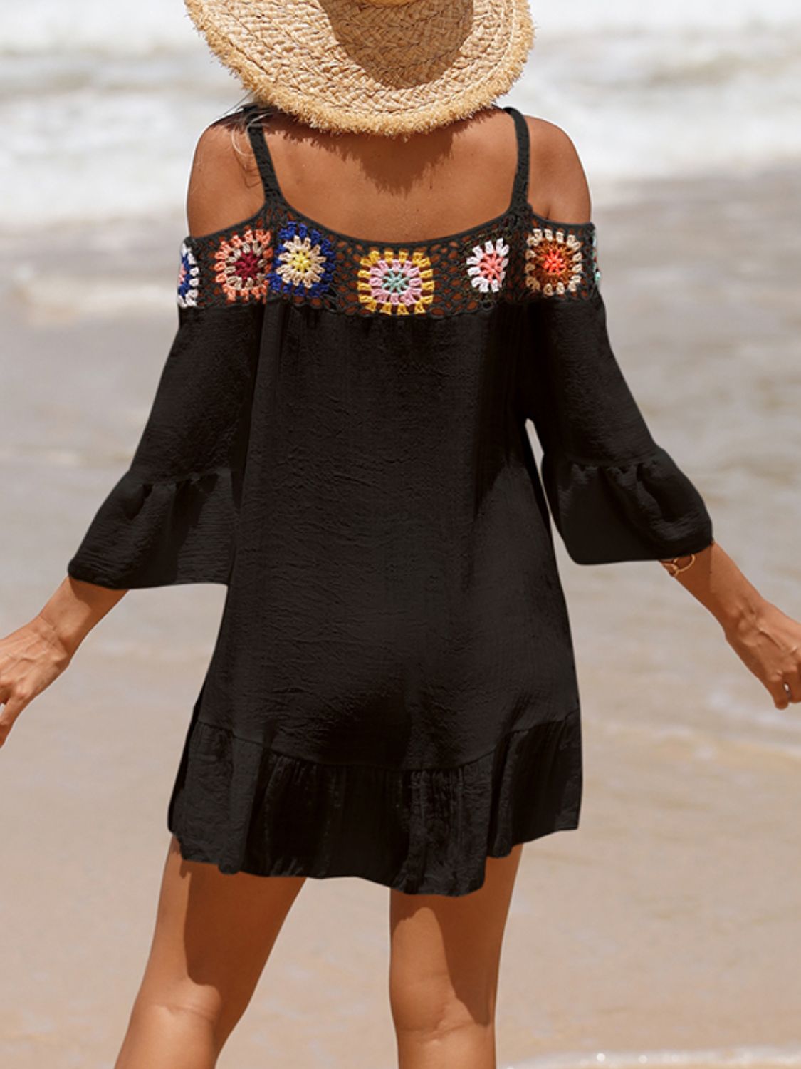 Crochet Cold Shoulder Three-Quarter Sleeve Cover Up-Jewearrings