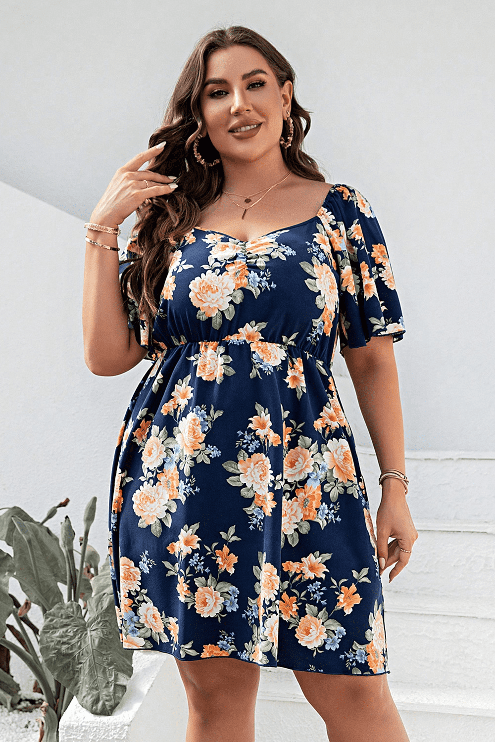 Plus Size Floral Print V-Neck Flutter Sleeve Mini Dress-Jewearrings