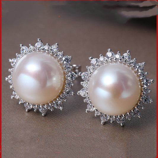 Silver-Set Zircon Strong Light Freshwater Pearl Stud Earrings-Jewearrings