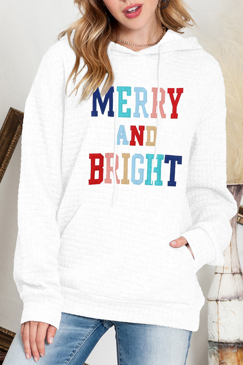 MERRY AND BRIGHT Waffle-Knit Drawstring Hoodie-Jewearrings