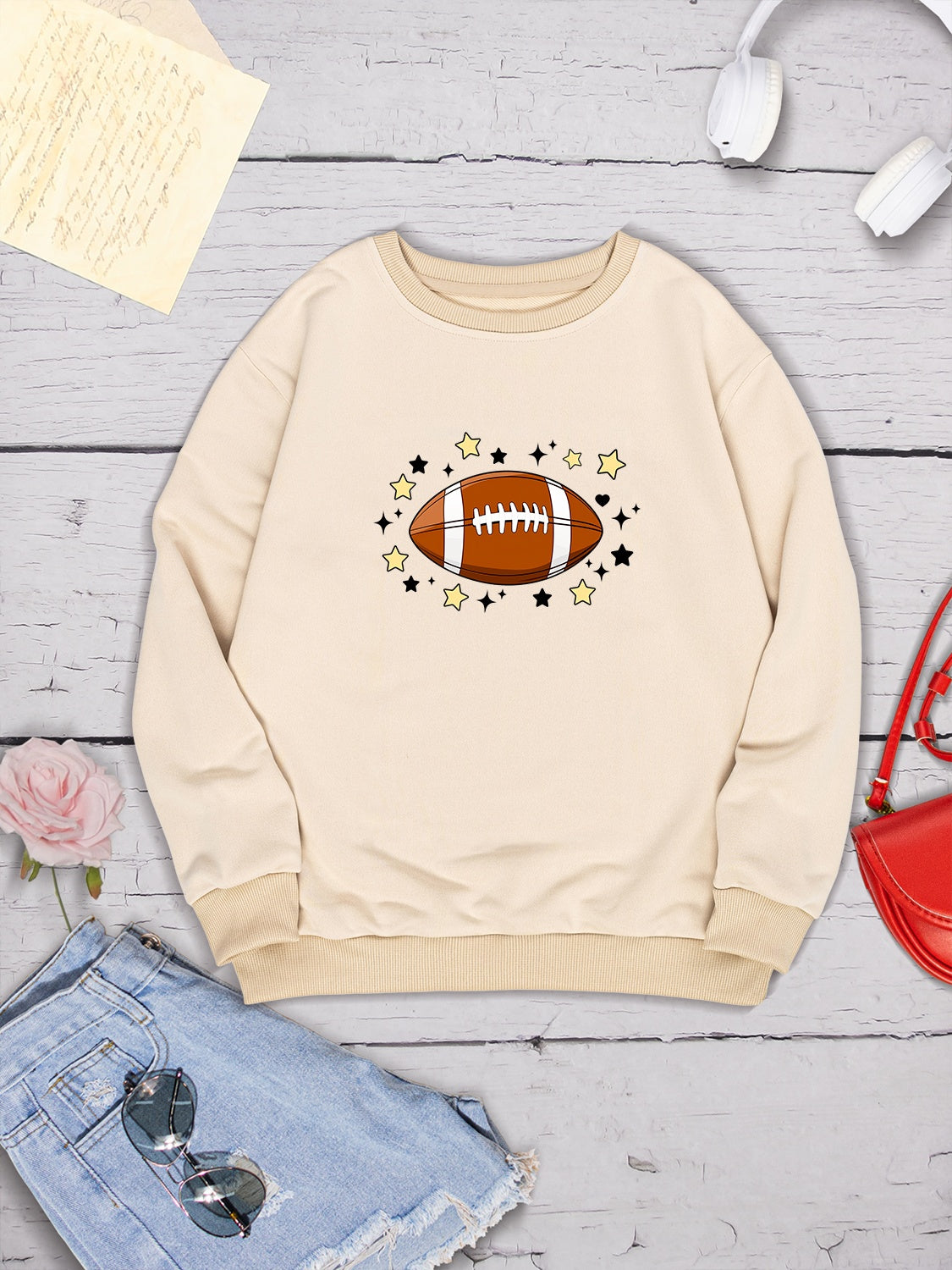 Football Graphic Round Neck Sweatshirt-Jewearrings