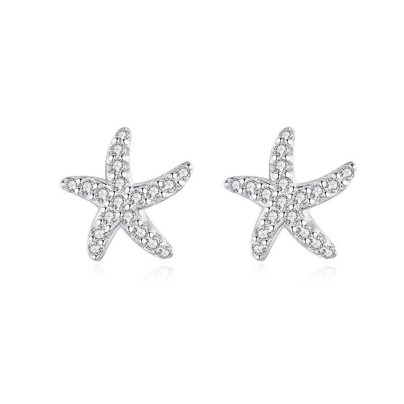 S925 Sterling Silver Starfish Stud Earrings With Diamonds-Jewearrings