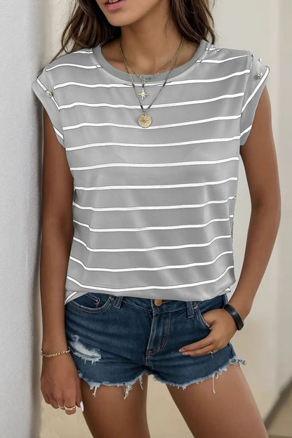 Decorative Button Round Neck T-Shirt-Jewearrings