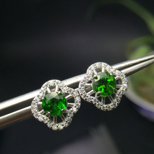 925 Silver Inlaid Diopside Emerald Stud Earrings-Jewearrings