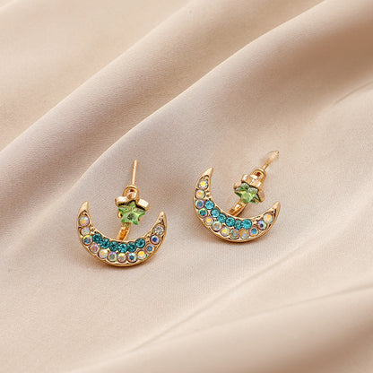 Unique Shape Blue Moon Star Hanging Colorful Diamond Crystal Stud Earrings-Jewearrings