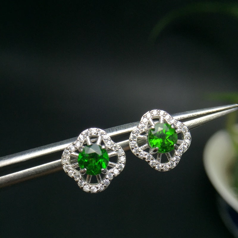 925 Silver Inlaid Diopside Emerald Stud Earrings-Jewearrings