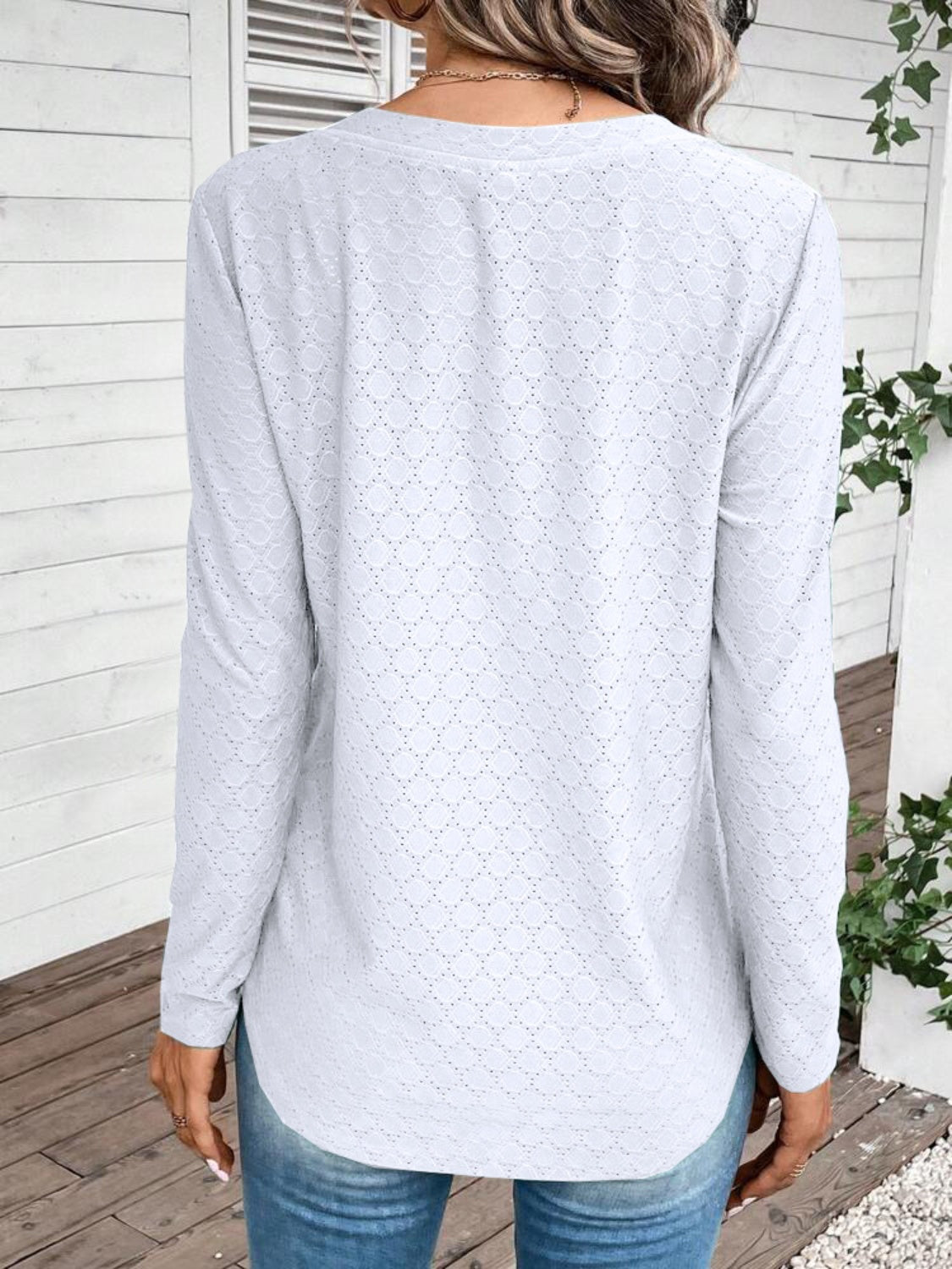 Eyelet V-Neck Long Sleeve T-Shirt-Jewearrings