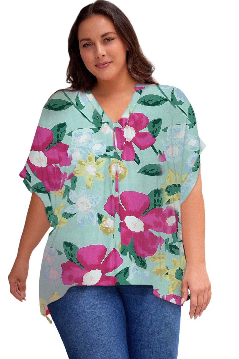 Plus Size Printed Notched Neck Half Sleeve Top-Jewearrings