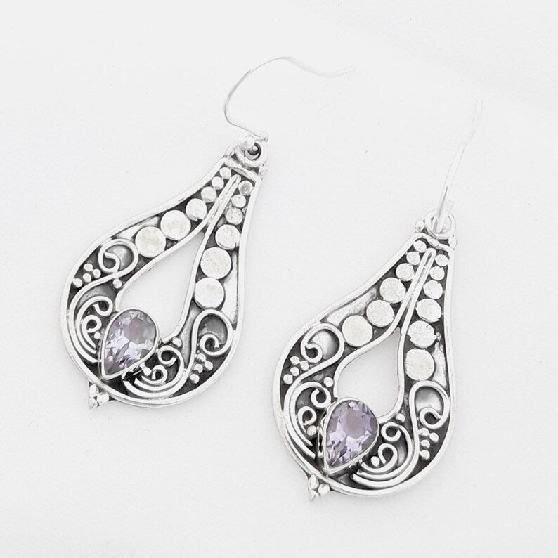 Women's Fashion Silver Carved Purple Gemstone Earrings-Jewearrings