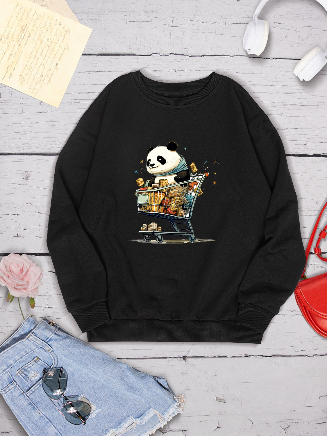 Panda Round Neck Dropped Shoulder Sweatshirt-Jewearrings