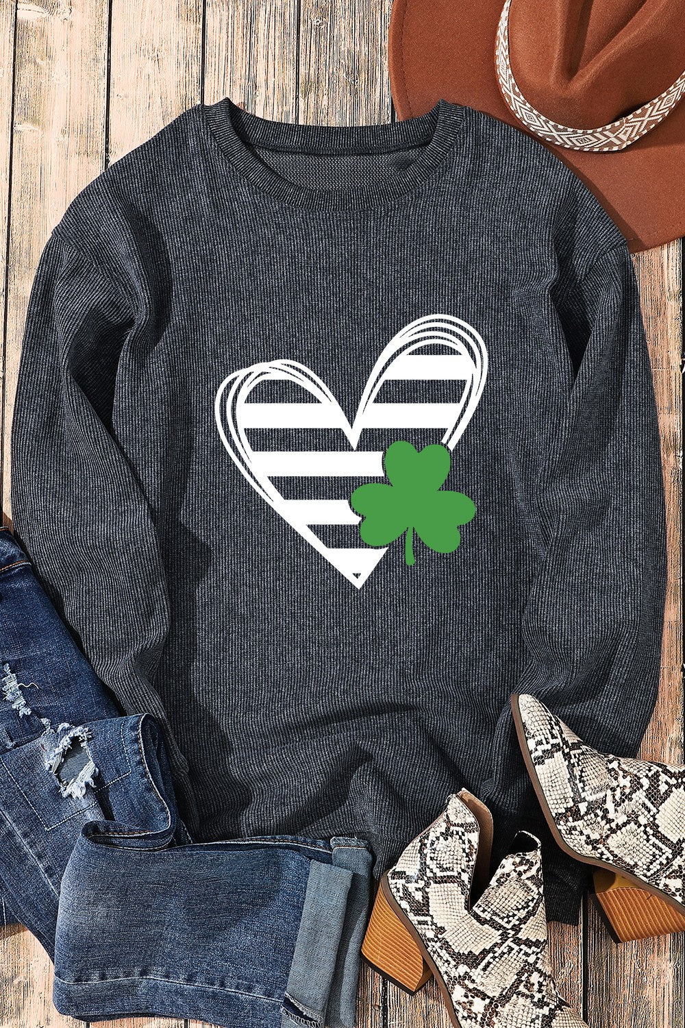 Heart Lucky Clover Round Neck Dropped Shoulder Sweatshirt-Jewearrings