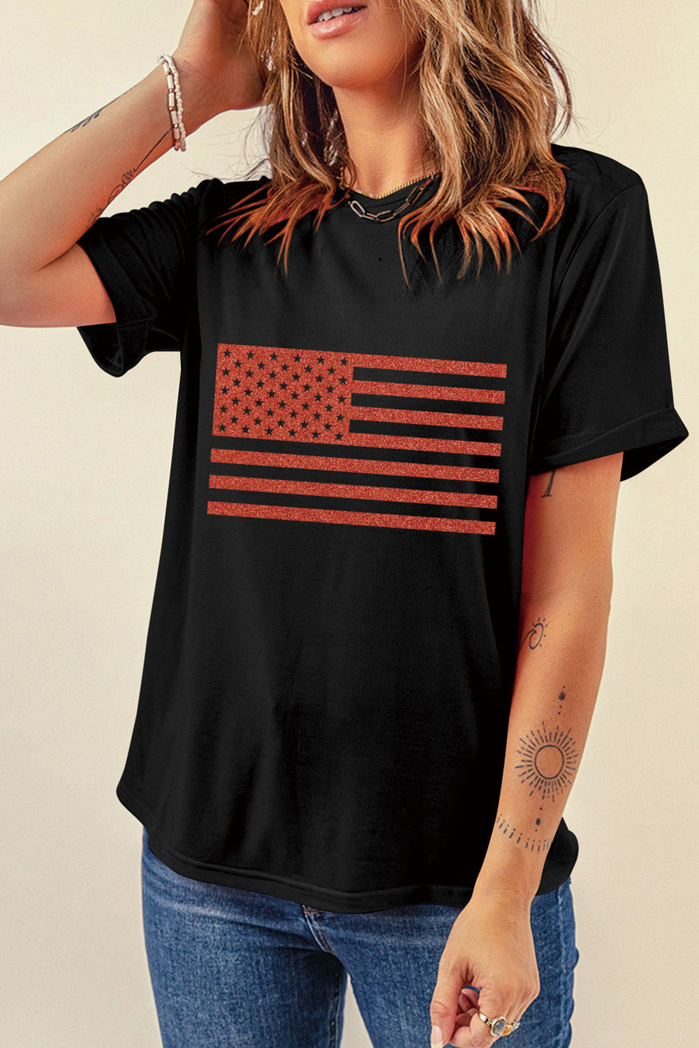 US Flag Round Neck Short Sleeve T-Shirt-Jewearrings