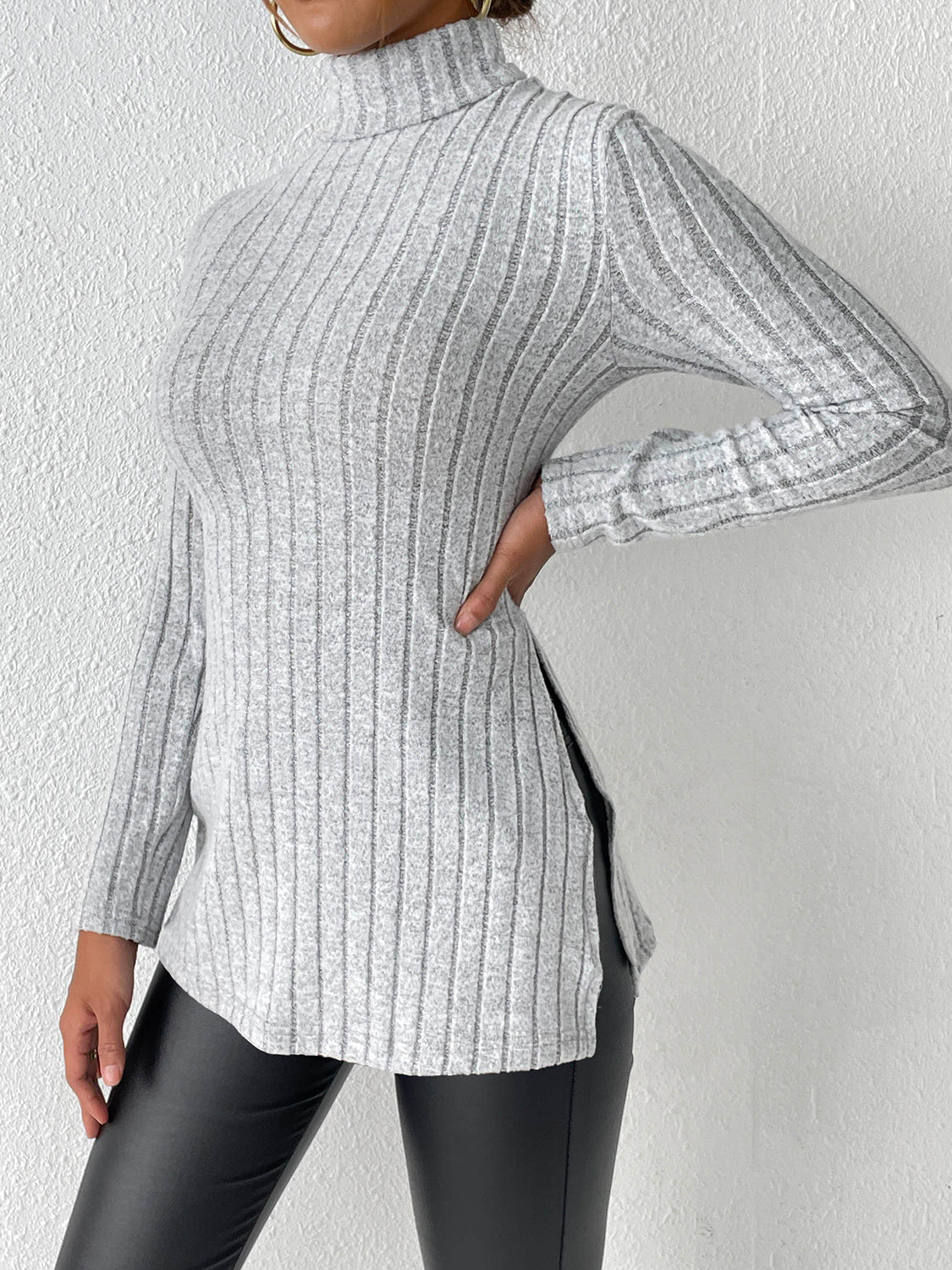 Ribbed Turtleneck Long Sleeve Slit T-Shirt-Jewearrings