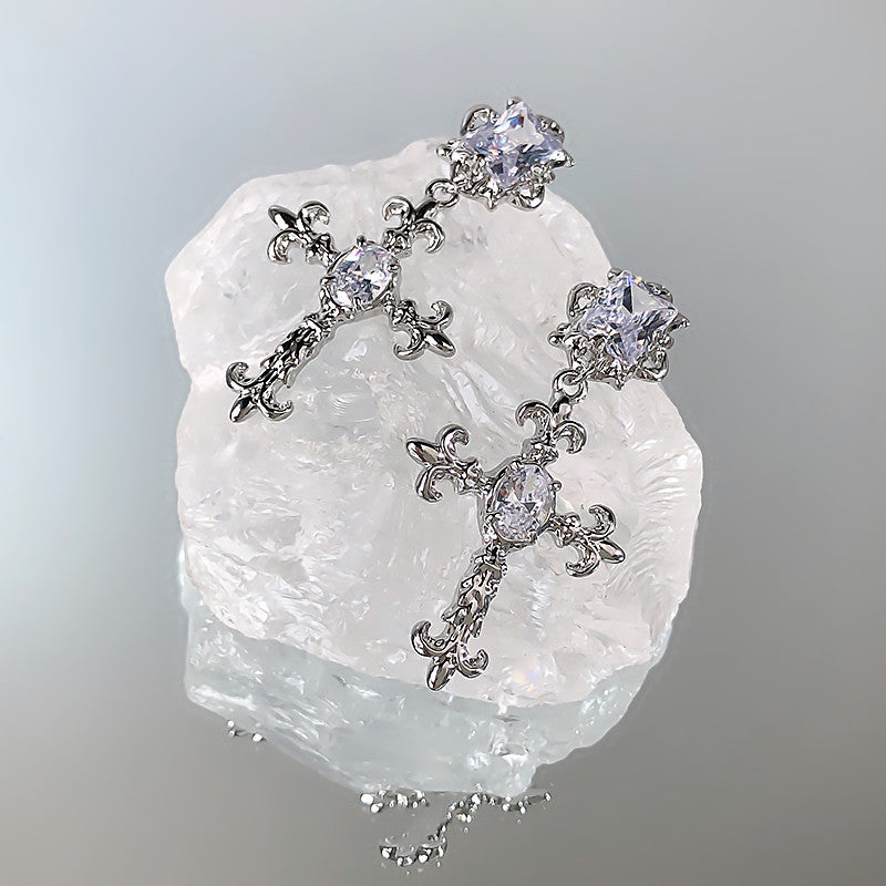 Frosty Silver Needle Zircon Cross Earrings-Jewearrings