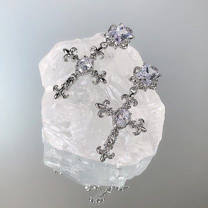 Frosty Silver Needle Zircon Cross Earrings-Jewearrings