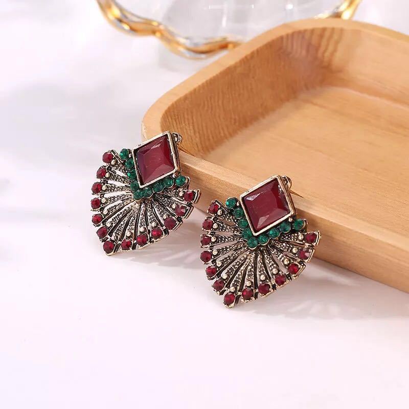 Retro Bohemian Ethnic Ruby Stud Earrings Explosive Fan Shape-Jewearrings