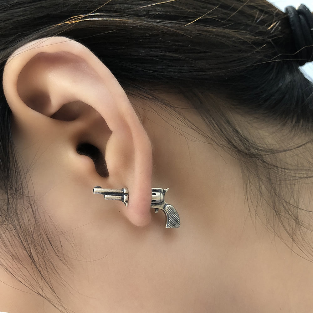 Sterling Silver Three-dimensional Miniature Pistol Earrings-Jewearrings