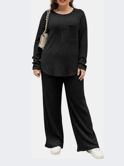 Plus Size Round Neck Long Sleeve Top and Pants Set-Jewearrings