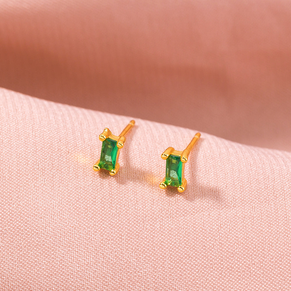 European and American mini rectangular small zircon earrings emerald green cold wind mini temperament earrings earrings-Jewearrings