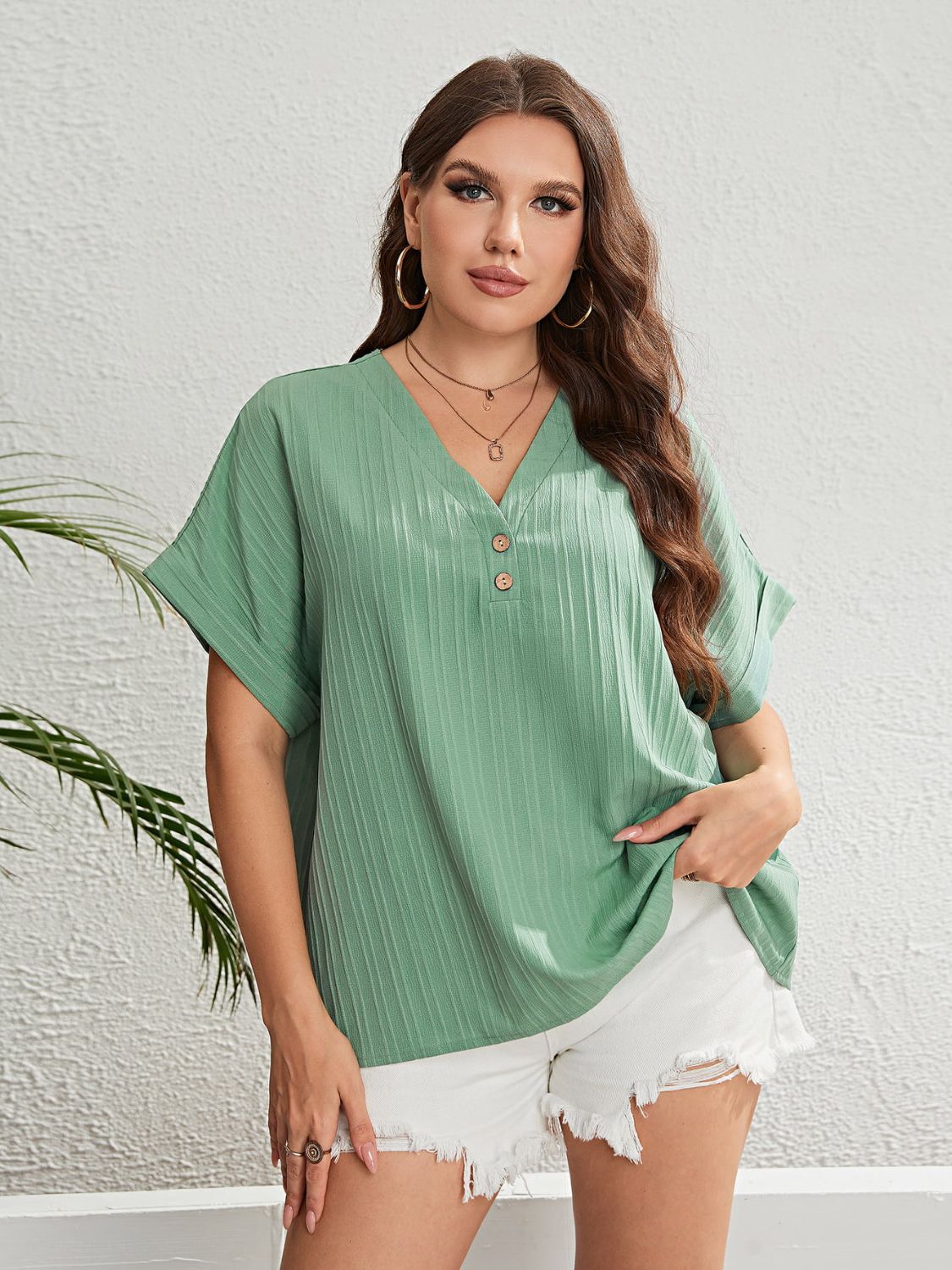 Plus Size Buttoned V-Neck Short Sleeve Top-Jewearrings