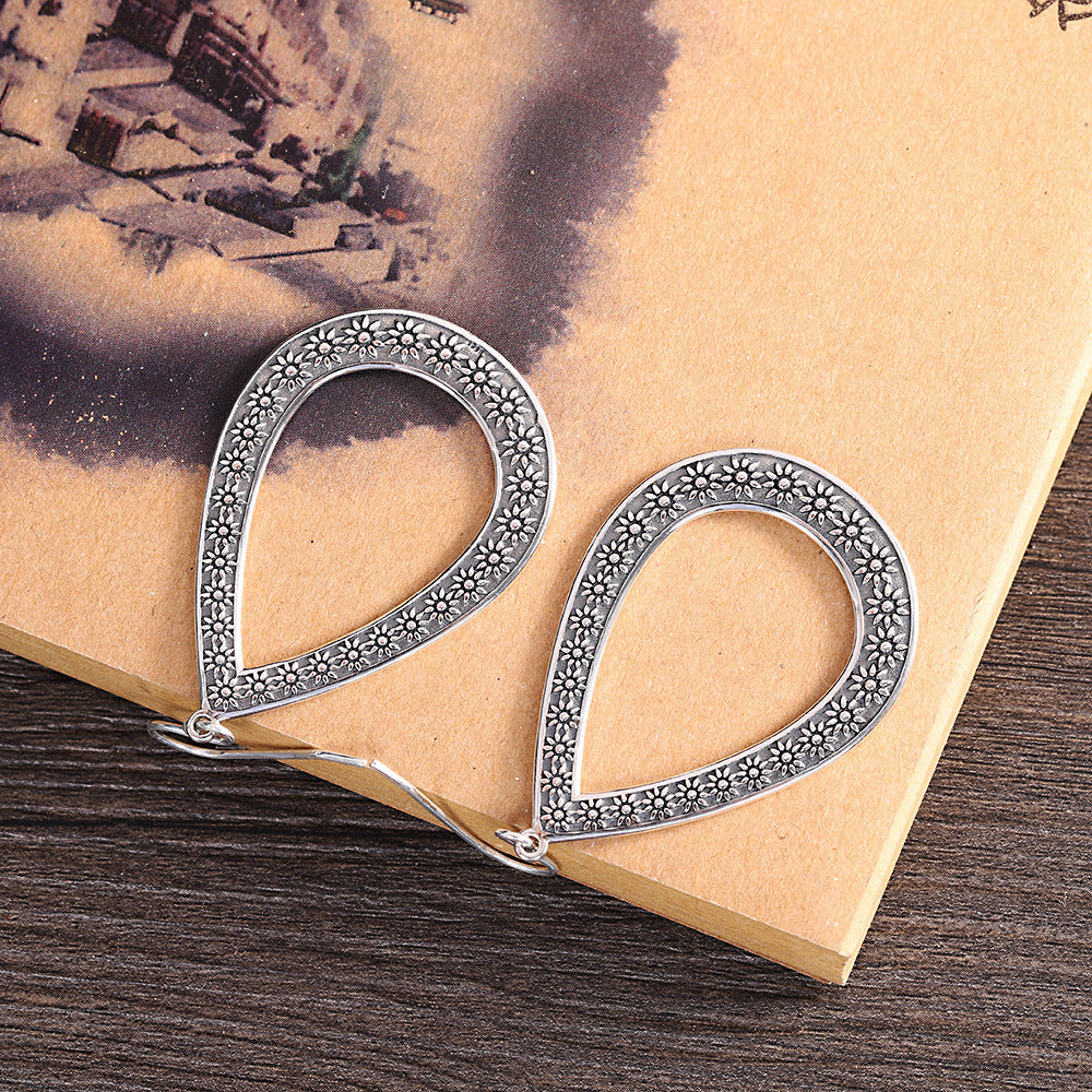 Women's Fashion Silver Engraved Floral Drop Earrings-Jewearrings